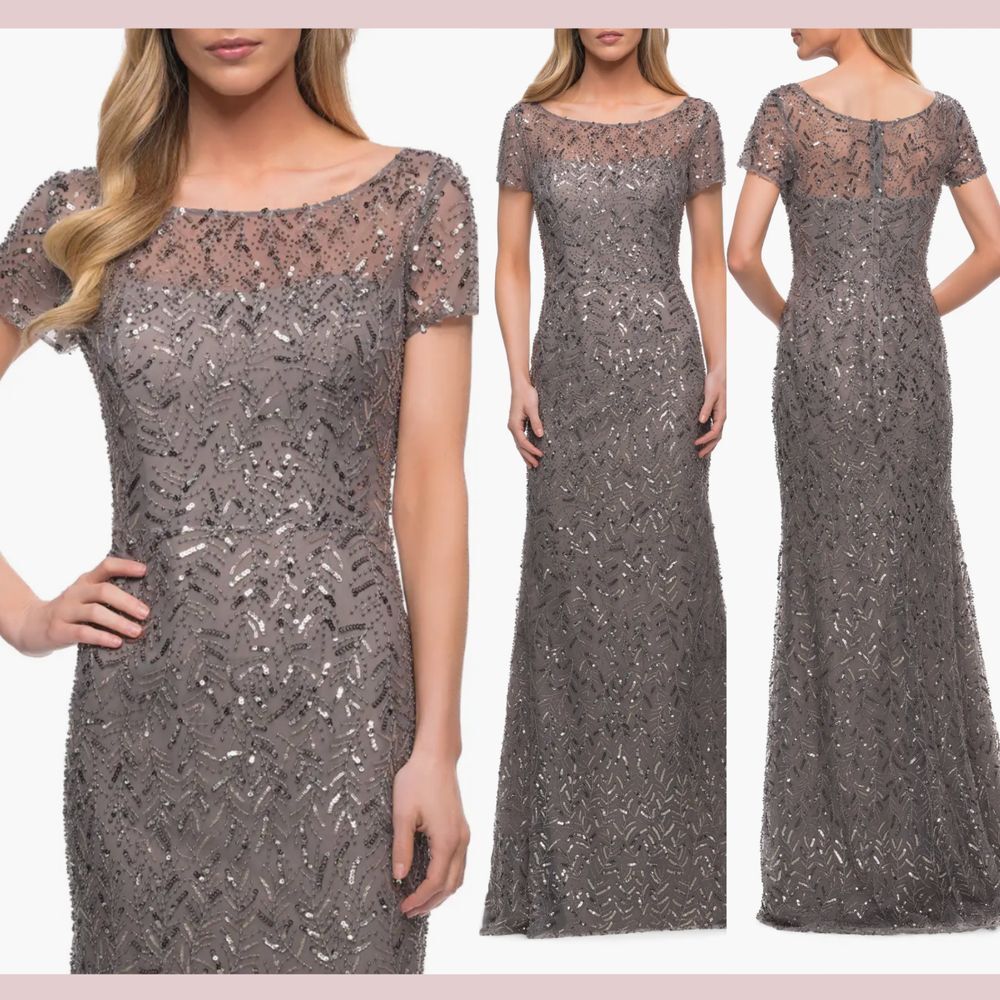NWT $535 La Femme‎ [ 14 ] Sequin Short Sleeve Sheath Gown Taupe Grey Silver